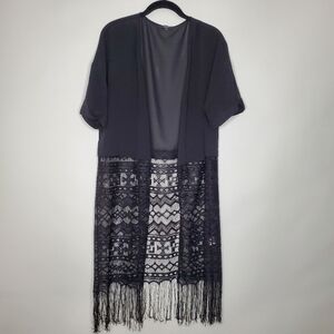 Meshe Crochet Lace Duster XXL Fringe Trim Open Front Long-line Cardigan Boho